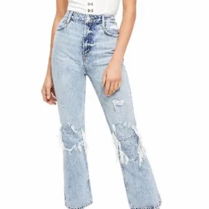 - Free People Blue Acid Wash My Own Lane Jeans Distressed Hi-rise Straight Leg