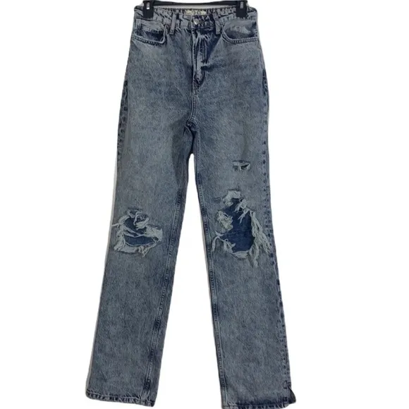 - Free People Blue Acid Wash My Own Lane Jeans Distressed Hi-rise Straight Leg