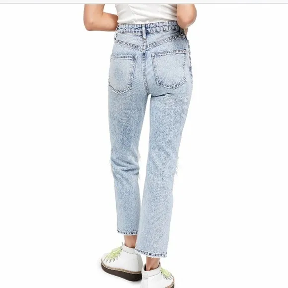 - Free People Blue Acid Wash My Own Lane Jeans Distressed Hi-rise Straight Leg