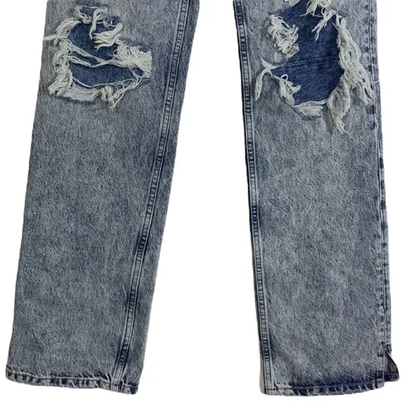 - Free People Blue Acid Wash My Own Lane Jeans Distressed Hi-rise Straight Leg