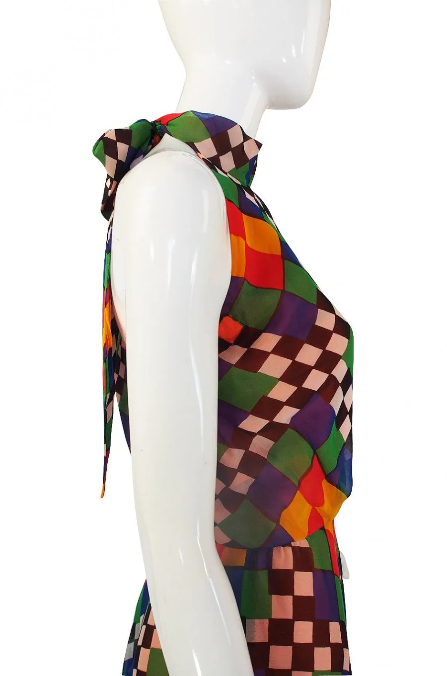 1970s Gino Charles Graphic Chiffon Haler Dress
