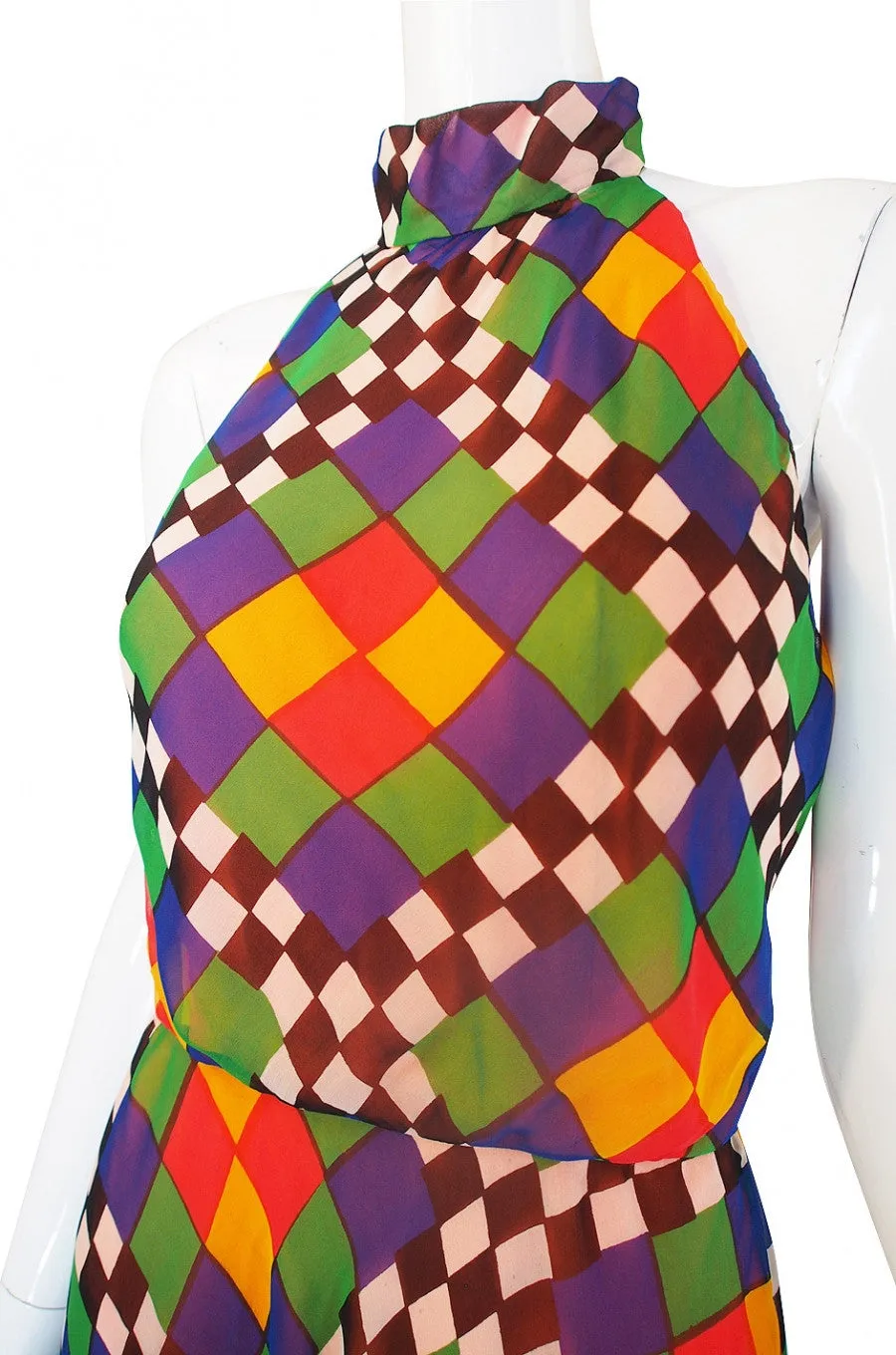 1970s Gino Charles Graphic Chiffon Haler Dress