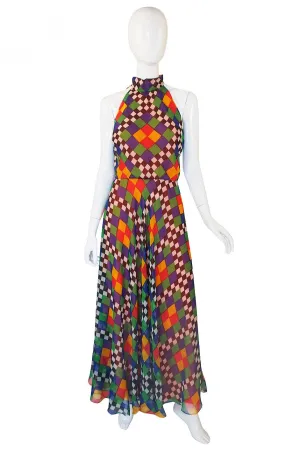 1970s Gino Charles Graphic Chiffon Haler Dress