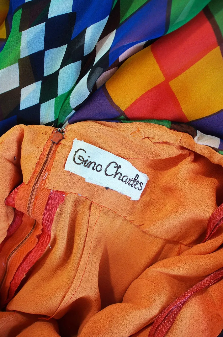 1970s Gino Charles Graphic Chiffon Haler Dress