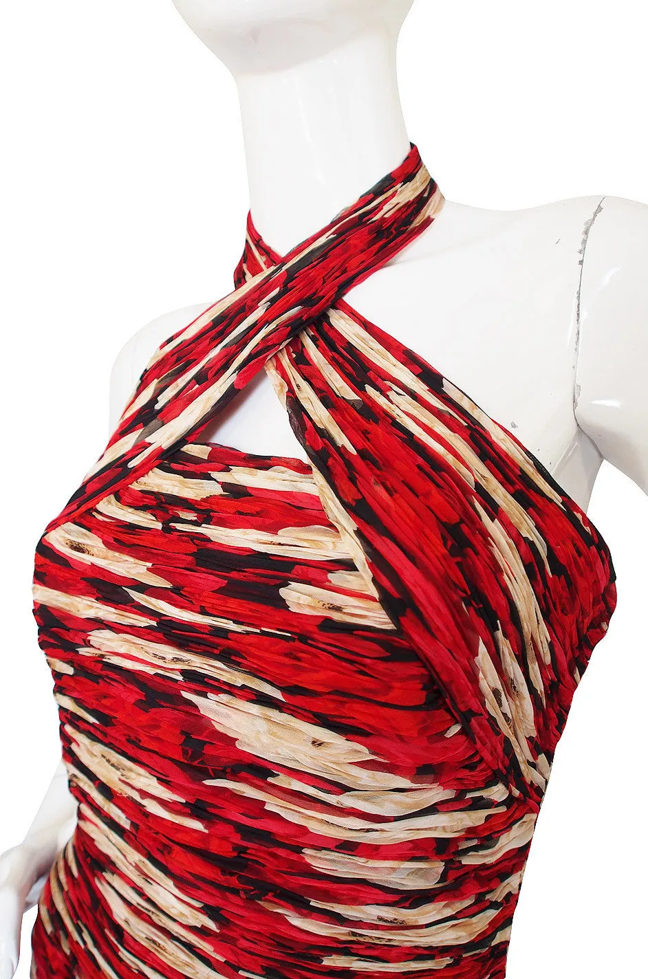 1980s Gathered Silk Chiffon Red Print Dress