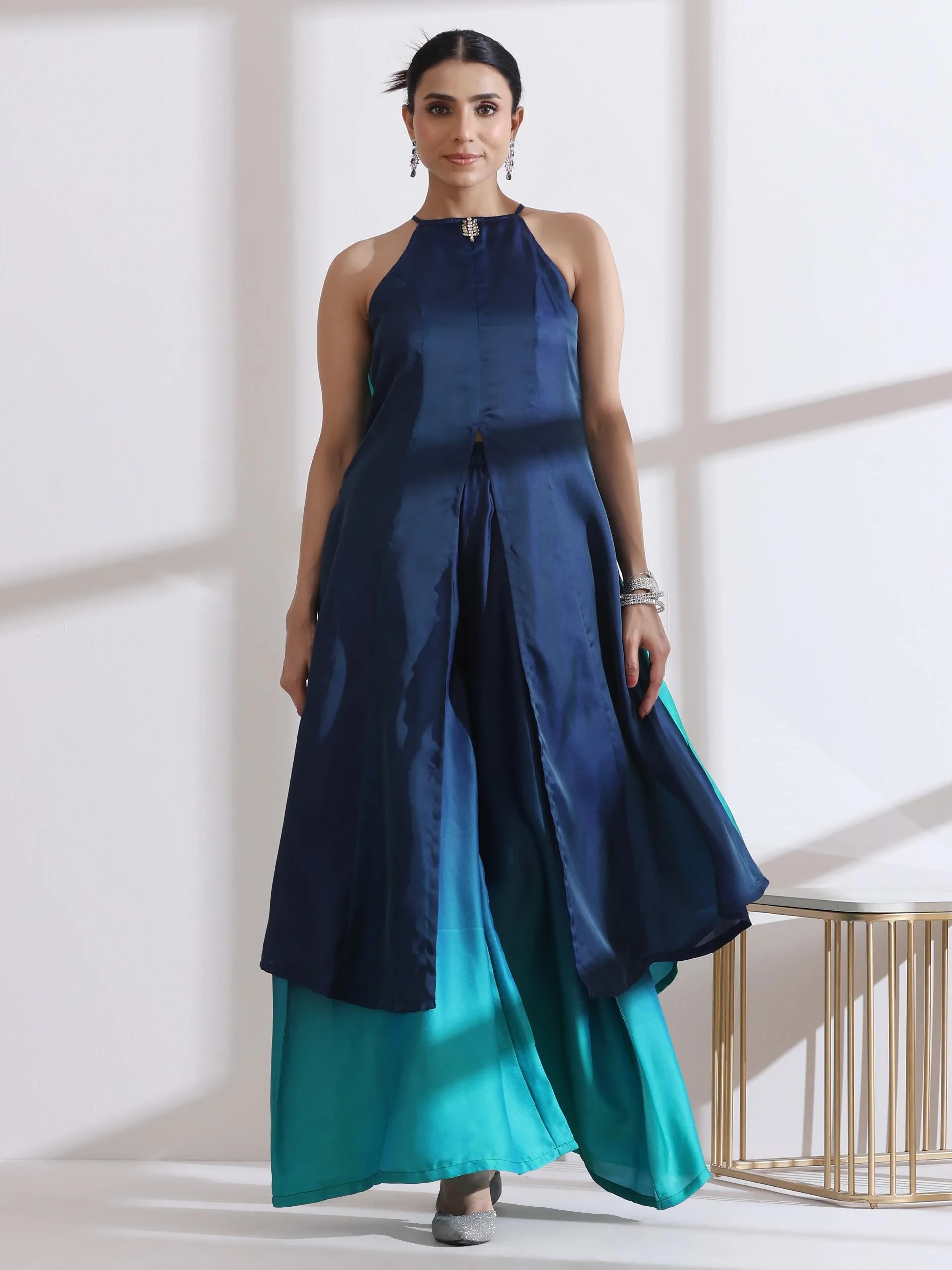 2 Pc Set - Green Blue Chiffon Satin Ombre Halter Kurta With Beads And Palazzo Pants