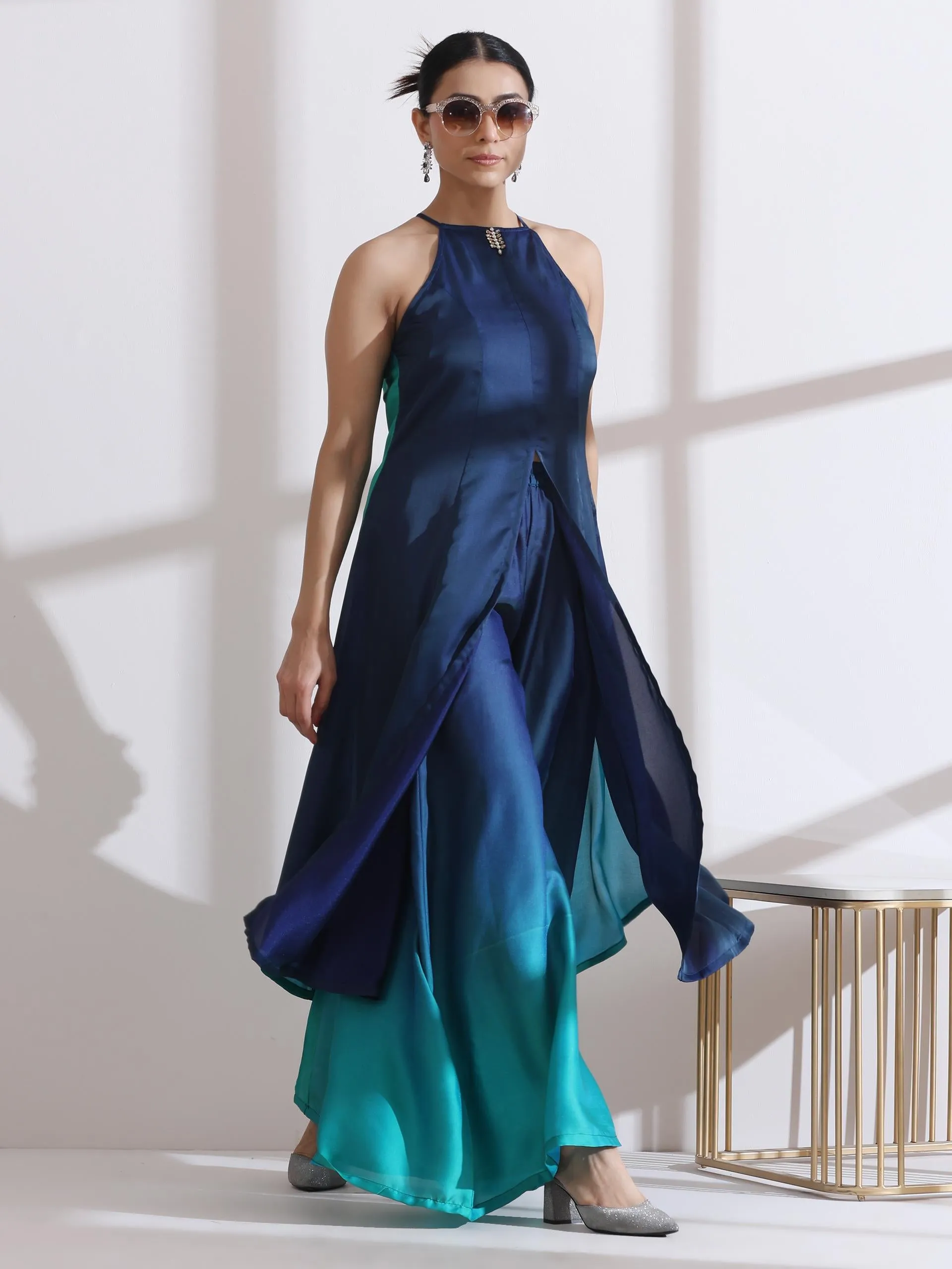 2 Pc Set - Green Blue Chiffon Satin Ombre Halter Kurta With Beads And Palazzo Pants