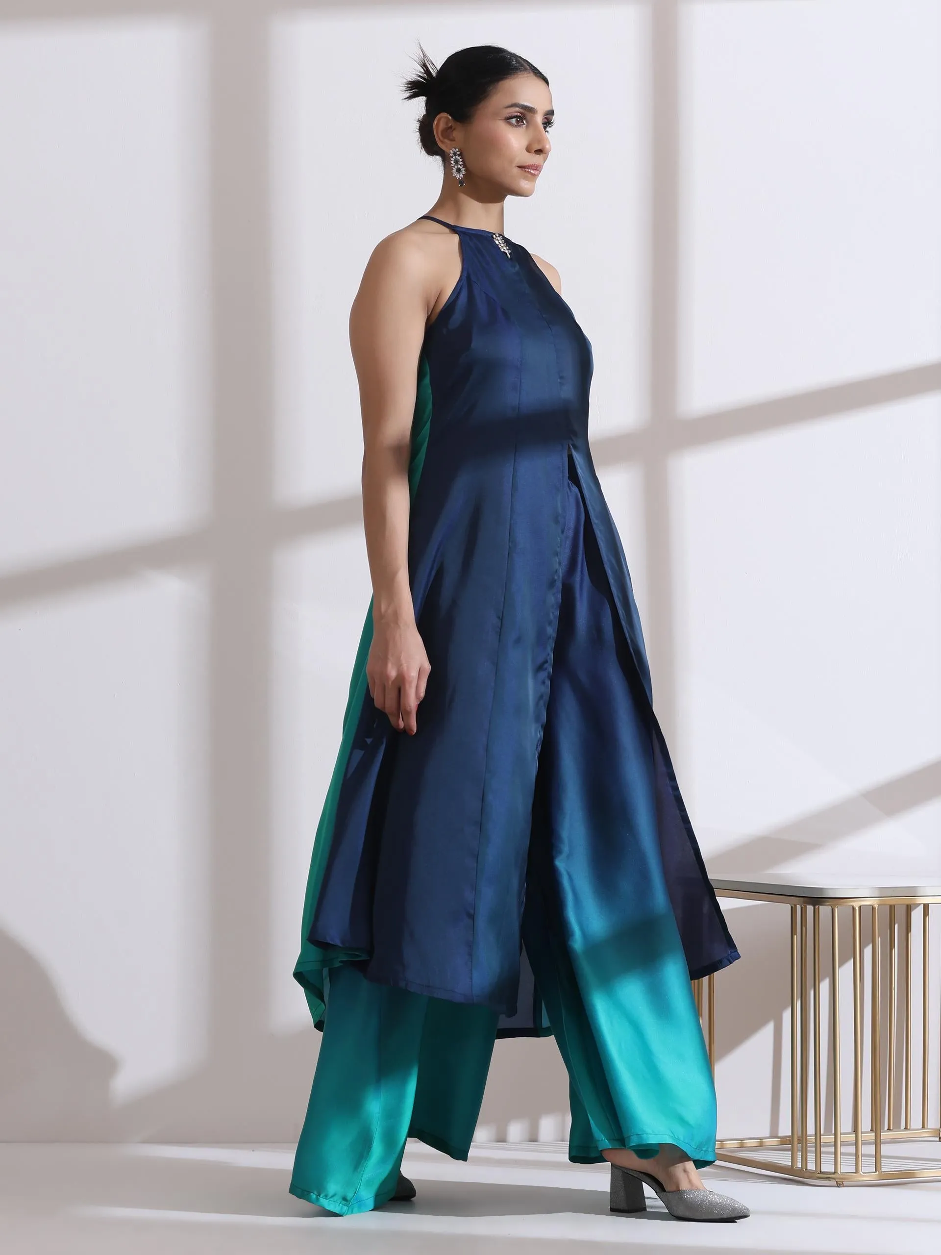 2 Pc Set - Green Blue Chiffon Satin Ombre Halter Kurta With Beads And Palazzo Pants