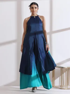 2 Pc Set - Green Blue Chiffon Satin Ombre Halter Kurta With Beads And Palazzo Pants