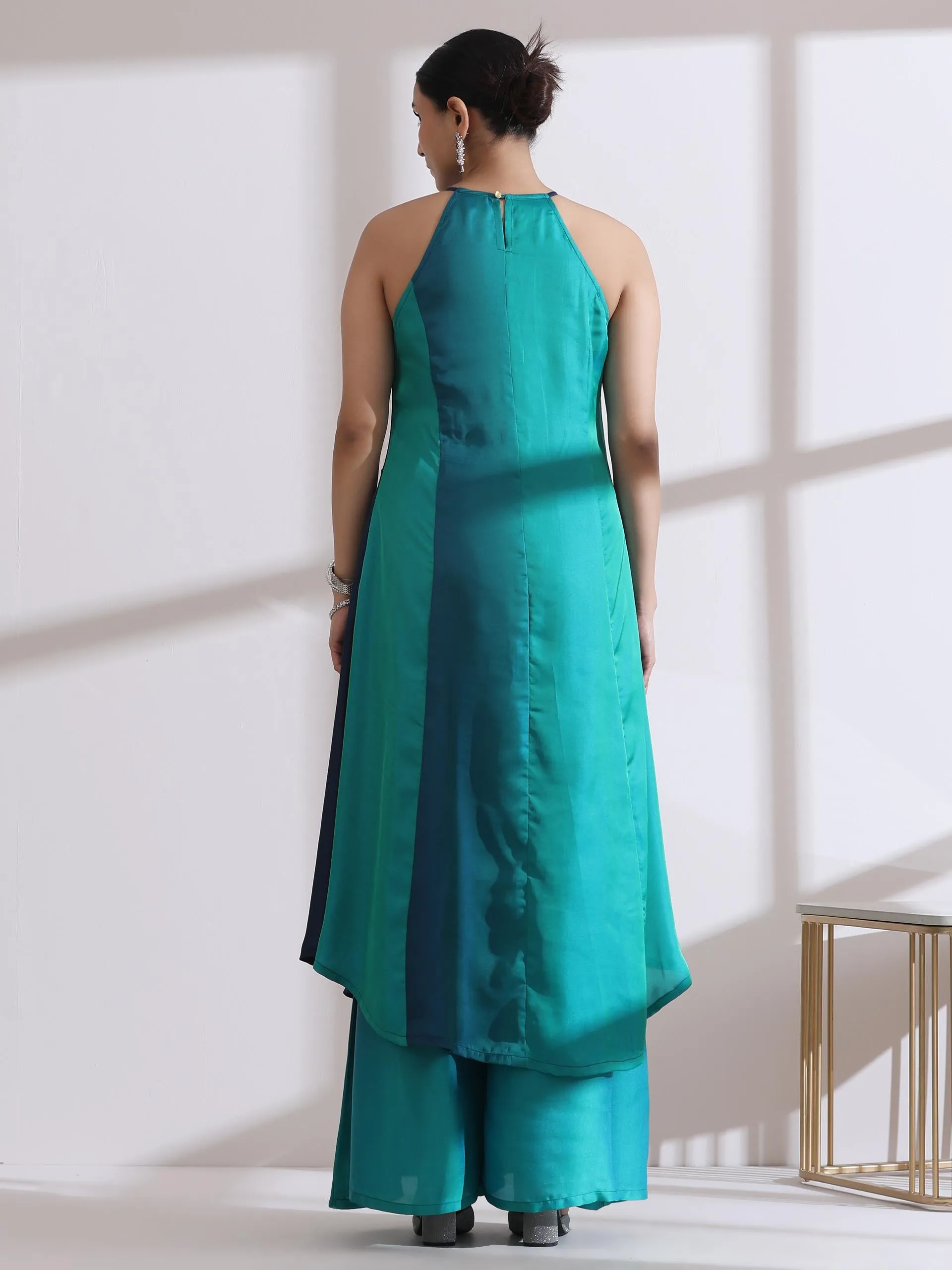 2 Pc Set - Green Blue Chiffon Satin Ombre Halter Kurta With Beads And Palazzo Pants