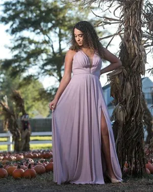 2019 Blush Pink Prom Dresses Split Sexy V-Neck Chiffon Long Prom Gowns Criss Cross Back