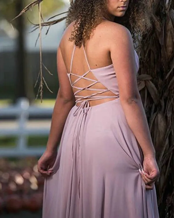 2019 Blush Pink Prom Dresses Split Sexy V-Neck Chiffon Long Prom Gowns Criss Cross Back