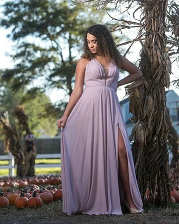 2019 Blush Pink Prom Dresses Split Sexy V-Neck Chiffon Long Prom Gowns Criss Cross Back