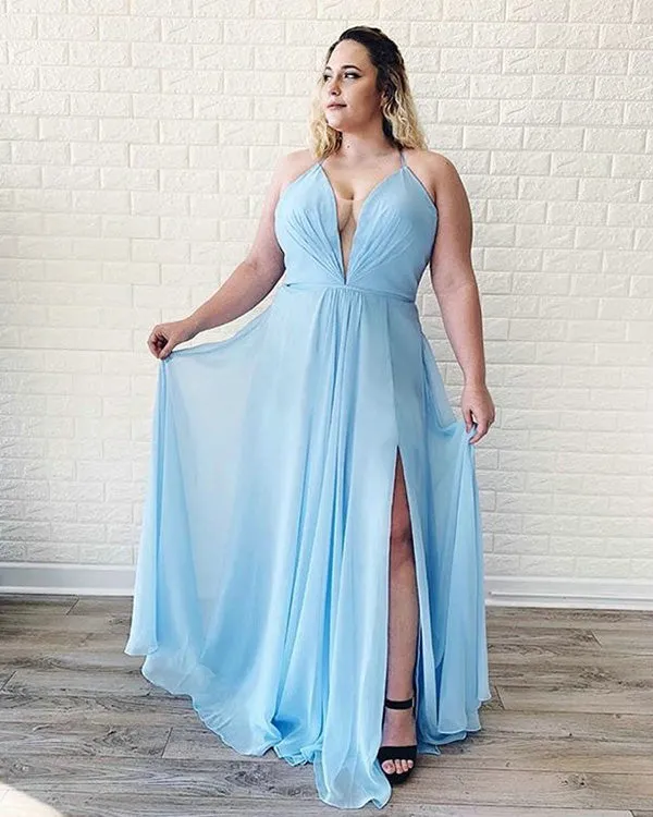 2019 Blush Pink Prom Dresses Split Sexy V-Neck Chiffon Long Prom Gowns Criss Cross Back