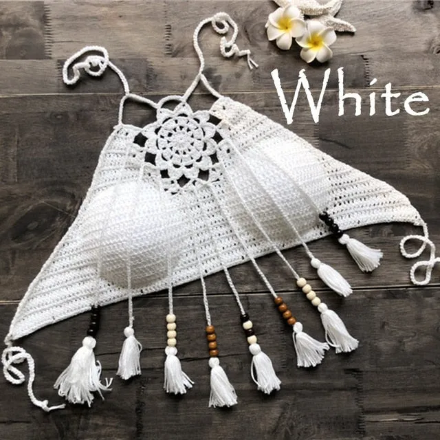 2019 Tassel Crochet Knitted Halter Slim Bikini Tops Swimsuit Tops Bohemia Swimwear Sexy Handmade Crochet Bikini Cotton Cover Top