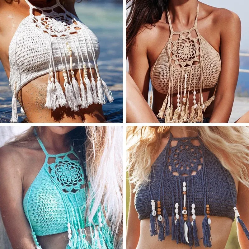 2019 Tassel Crochet Knitted Halter Slim Bikini Tops Swimsuit Tops Bohemia Swimwear Sexy Handmade Crochet Bikini Cotton Cover Top