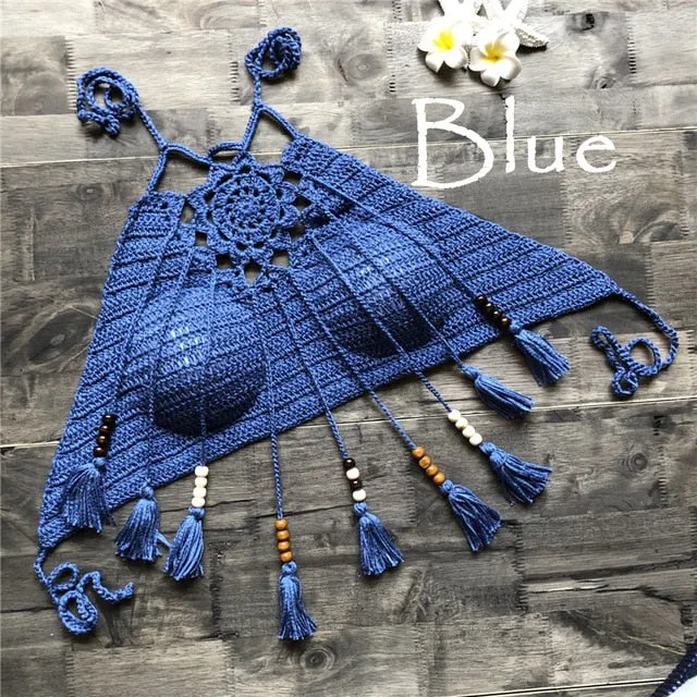 2019 Tassel Crochet Knitted Halter Slim Bikini Tops Swimsuit Tops Bohemia Swimwear Sexy Handmade Crochet Bikini Cotton Cover Top