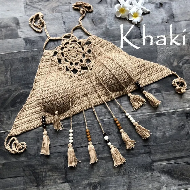 2019 Tassel Crochet Knitted Halter Slim Bikini Tops Swimsuit Tops Bohemia Swimwear Sexy Handmade Crochet Bikini Cotton Cover Top