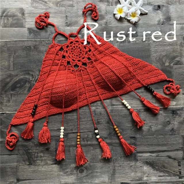 2019 Tassel Crochet Knitted Halter Slim Bikini Tops Swimsuit Tops Bohemia Swimwear Sexy Handmade Crochet Bikini Cotton Cover Top