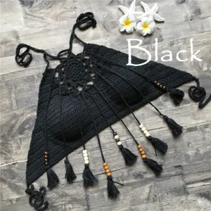2019 Tassel Crochet Knitted Halter Slim Bikini Tops Swimsuit Tops Bohemia Swimwear Sexy Handmade Crochet Bikini Cotton Cover Top