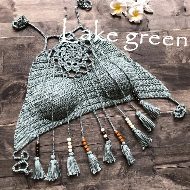 2019 Tassel Crochet Knitted Halter Slim Bikini Tops Swimsuit Tops Bohemia Swimwear Sexy Handmade Crochet Bikini Cotton Cover Top