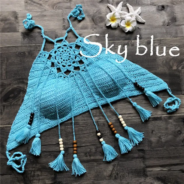 2019 Tassel Crochet Knitted Halter Slim Bikini Tops Swimsuit Tops Bohemia Swimwear Sexy Handmade Crochet Bikini Cotton Cover Top