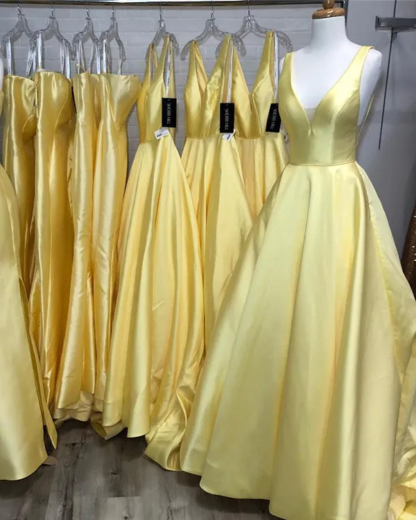 2020 Elegant Yellow Satin Ball Gown Prom Dresses Deep V-Neck Long Prom Party Gowns
