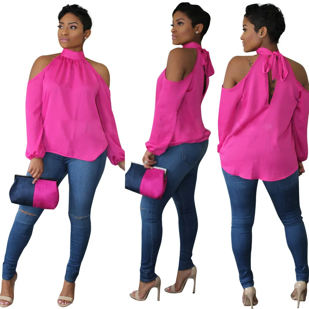 2020 New Arrival Sexy Off Shoulder Solid Halter Full Puff Sleeve Chiffon