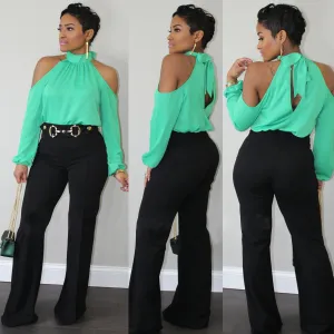 2020 New Arrival Sexy Off Shoulder Solid Halter Full Puff Sleeve Chiffon