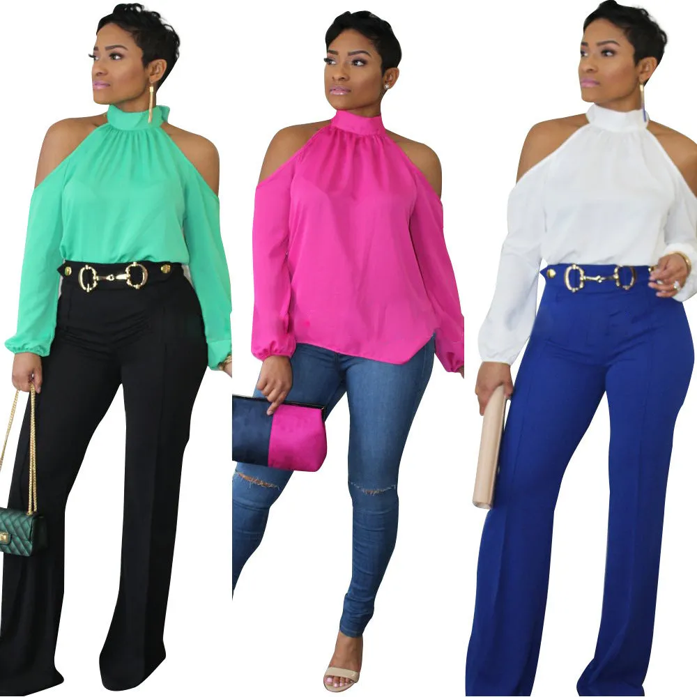 2020 New Arrival Sexy Off Shoulder Solid Halter Full Puff Sleeve Chiffon