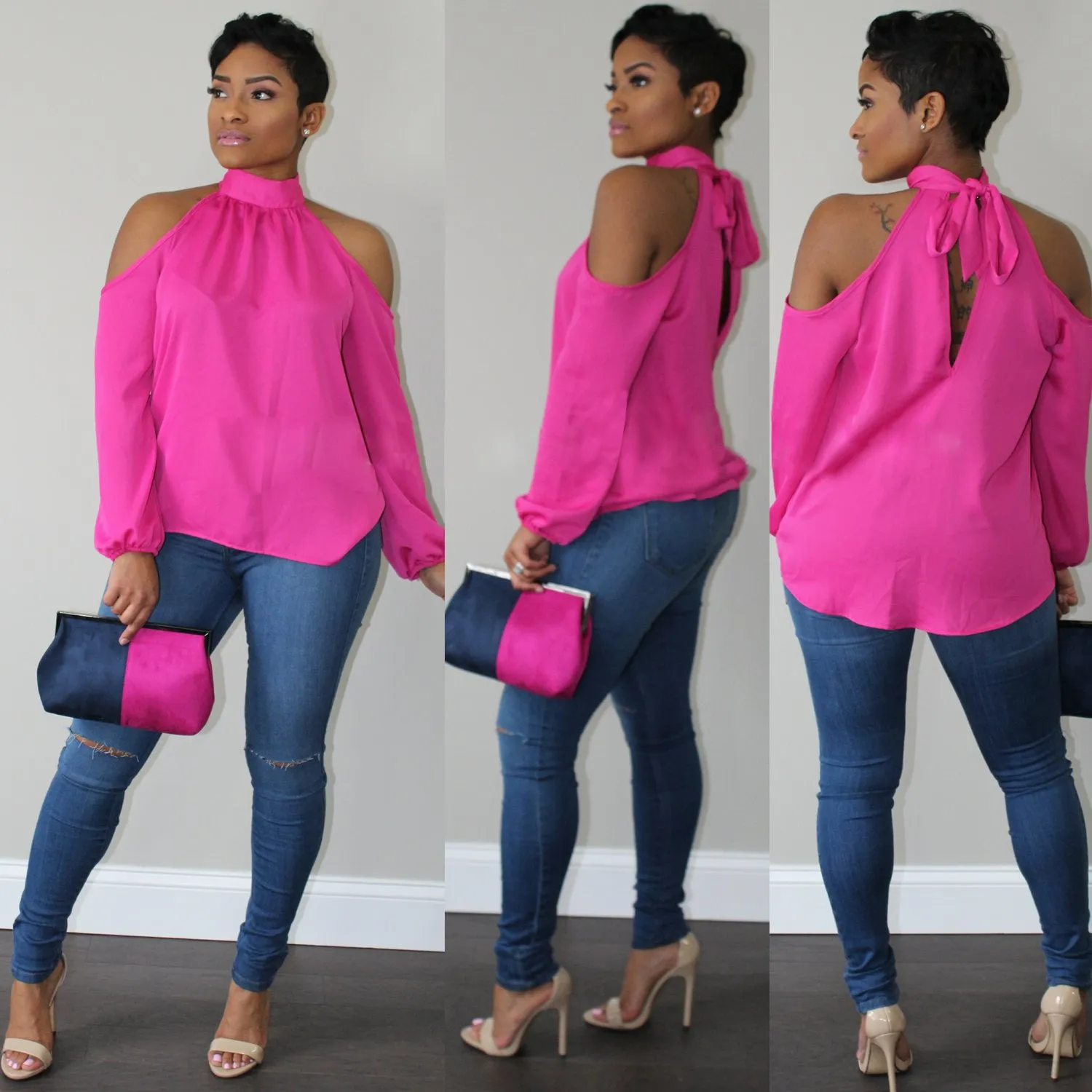 2020 New Arrival Sexy Off Shoulder Solid Halter Full Puff Sleeve Chiffon