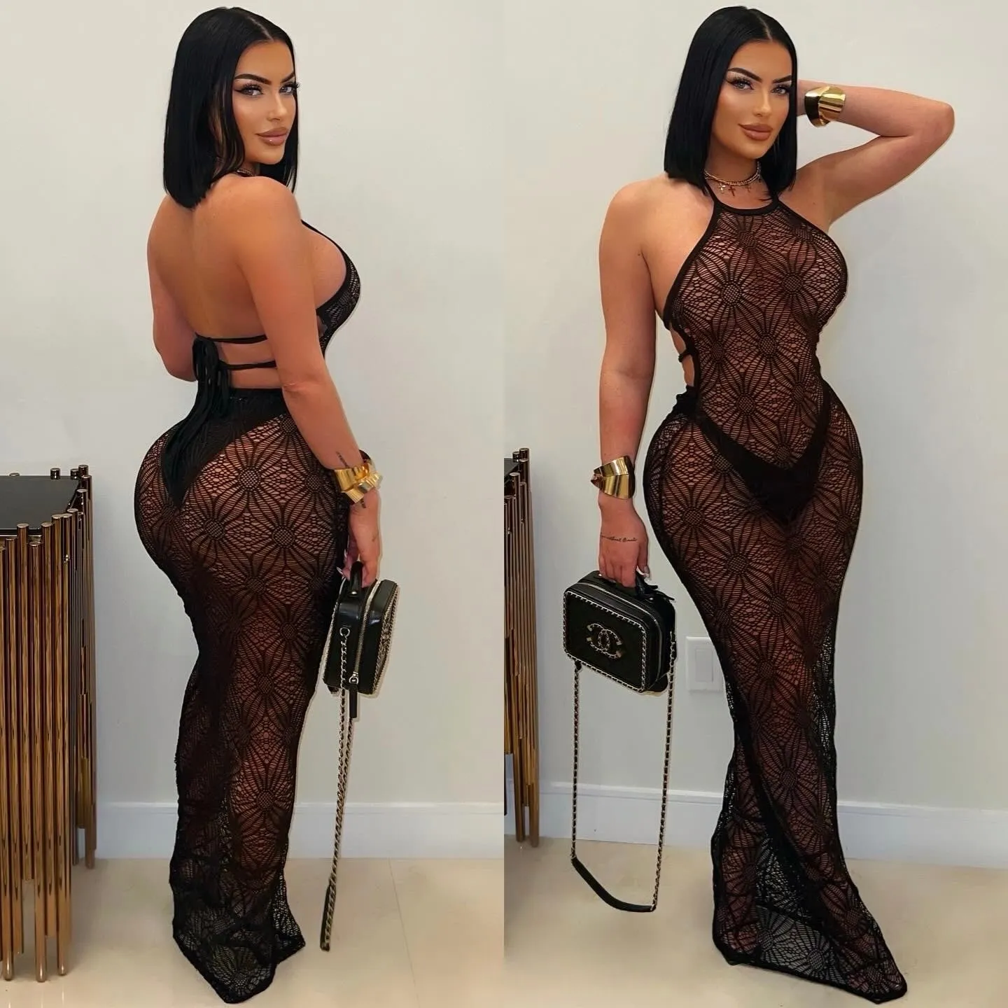 27652P- HALTER FISHNET BACKLESS DRESS
