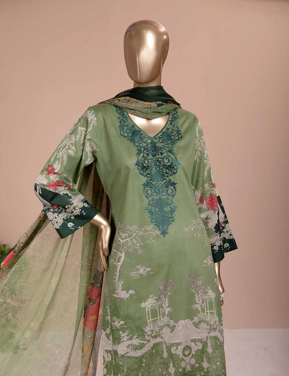 3 Pc Unstitched Lawn Embroidered Dress with Chiffon Dupatta - Blissful Affair (EC-4A)