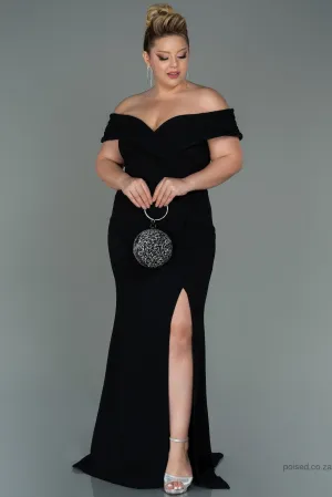 30240 Black Draped Off-Shoulder Slit Dress