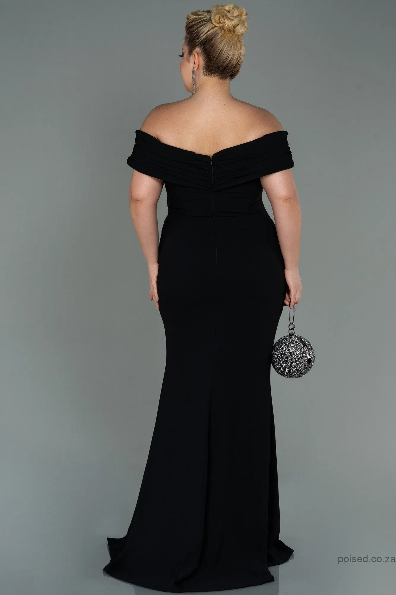 30240 Black Draped Off-Shoulder Slit Dress