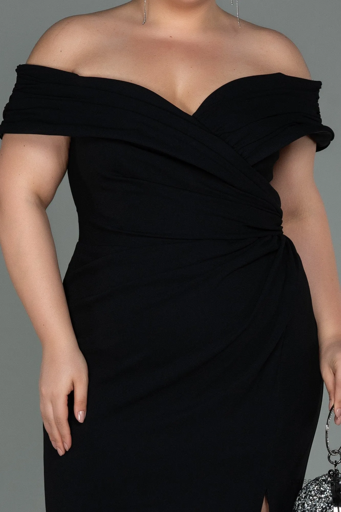 30240 Black Draped Off-Shoulder Slit Dress
