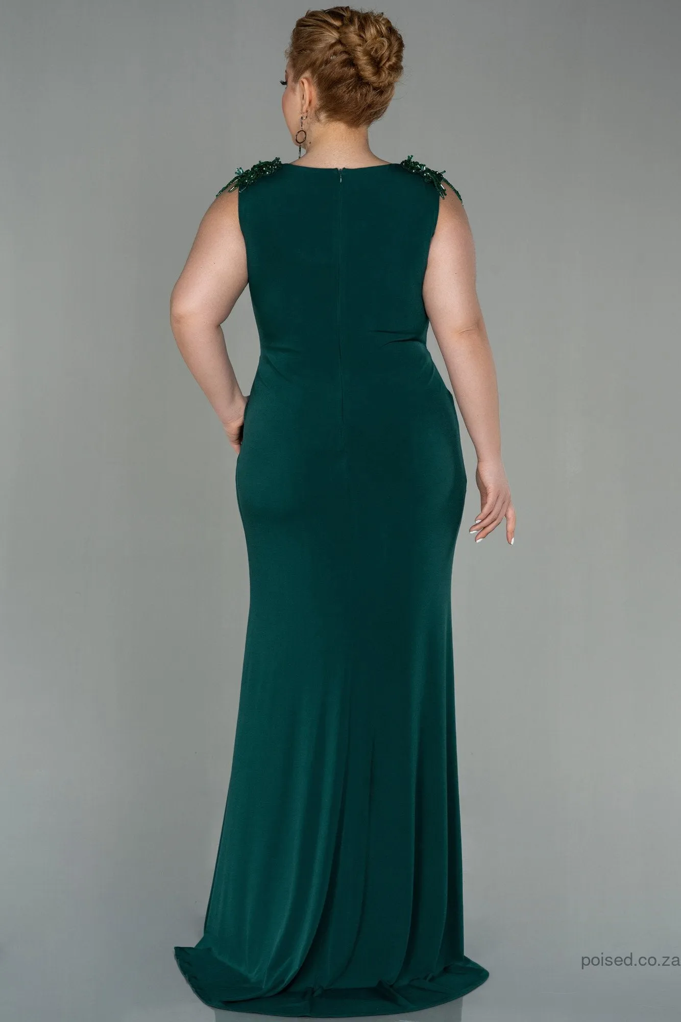 30254 Emerald Green Sleeveless Draped Slit Dress