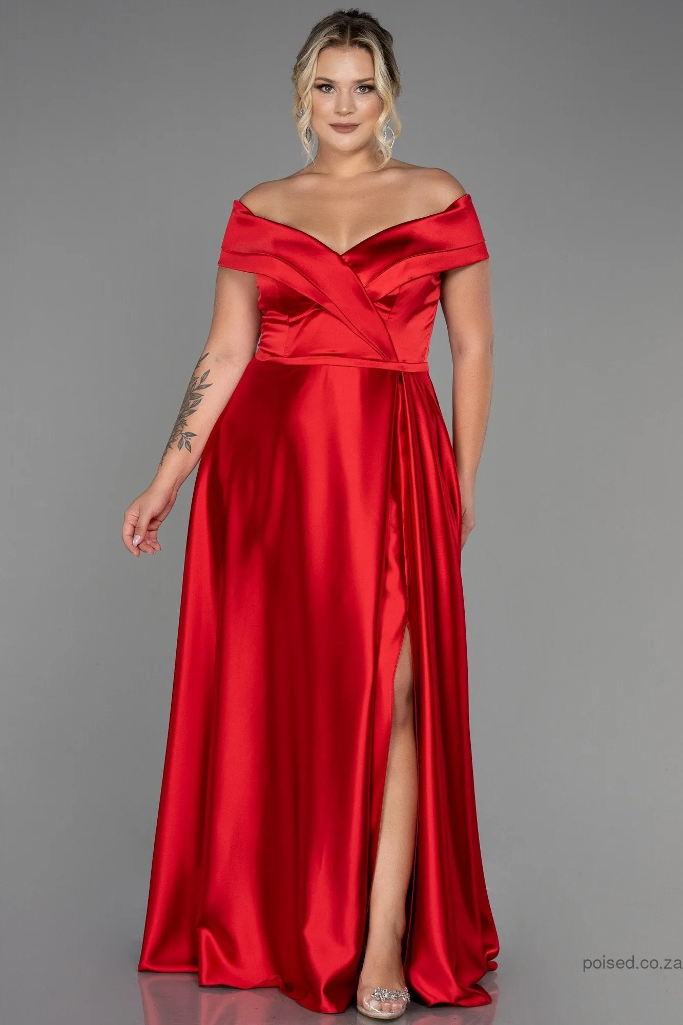 30257 Red Off-Shoulder Slit Satin Dress