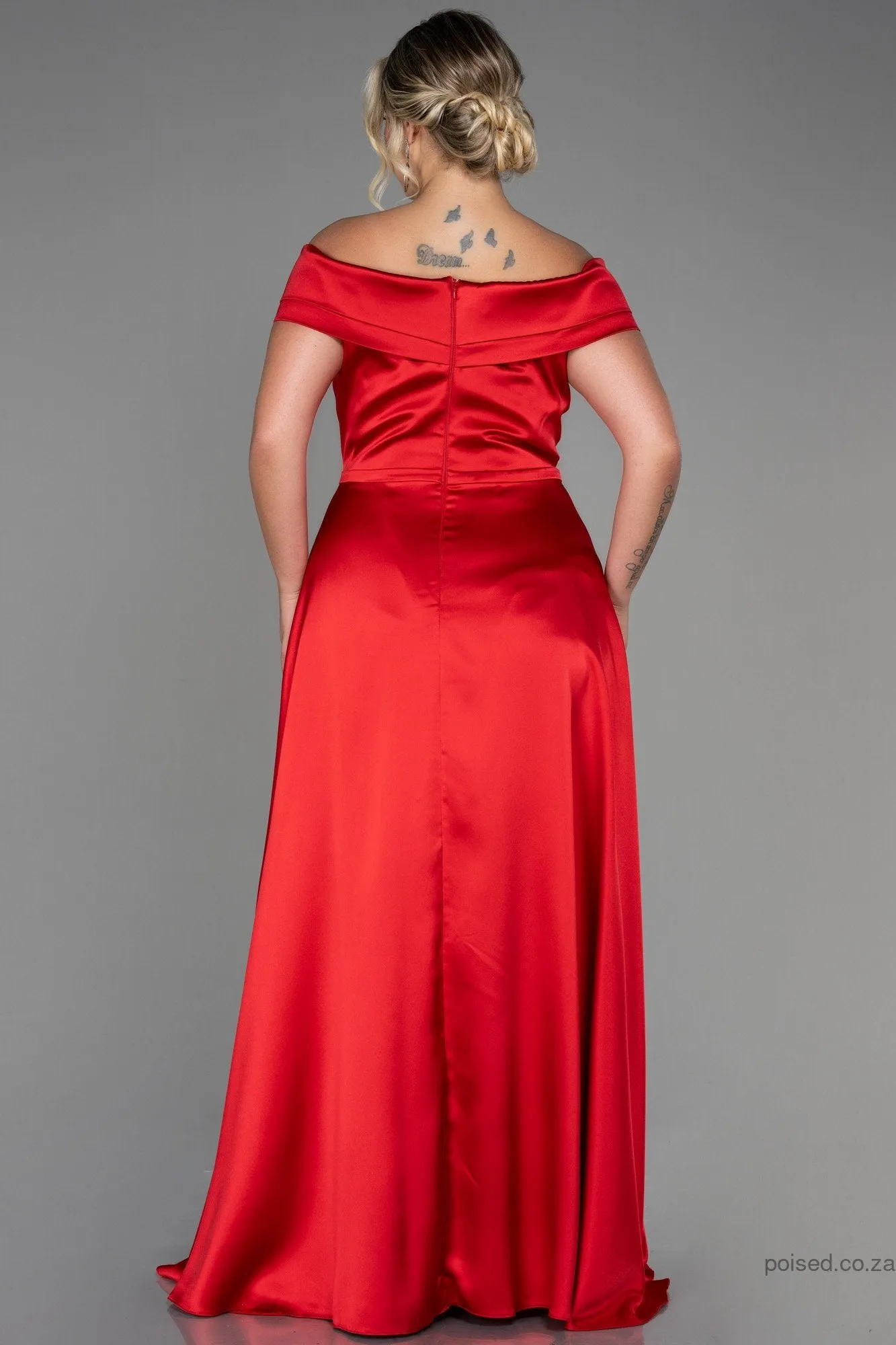 30257 Red Off-Shoulder Slit Satin Dress
