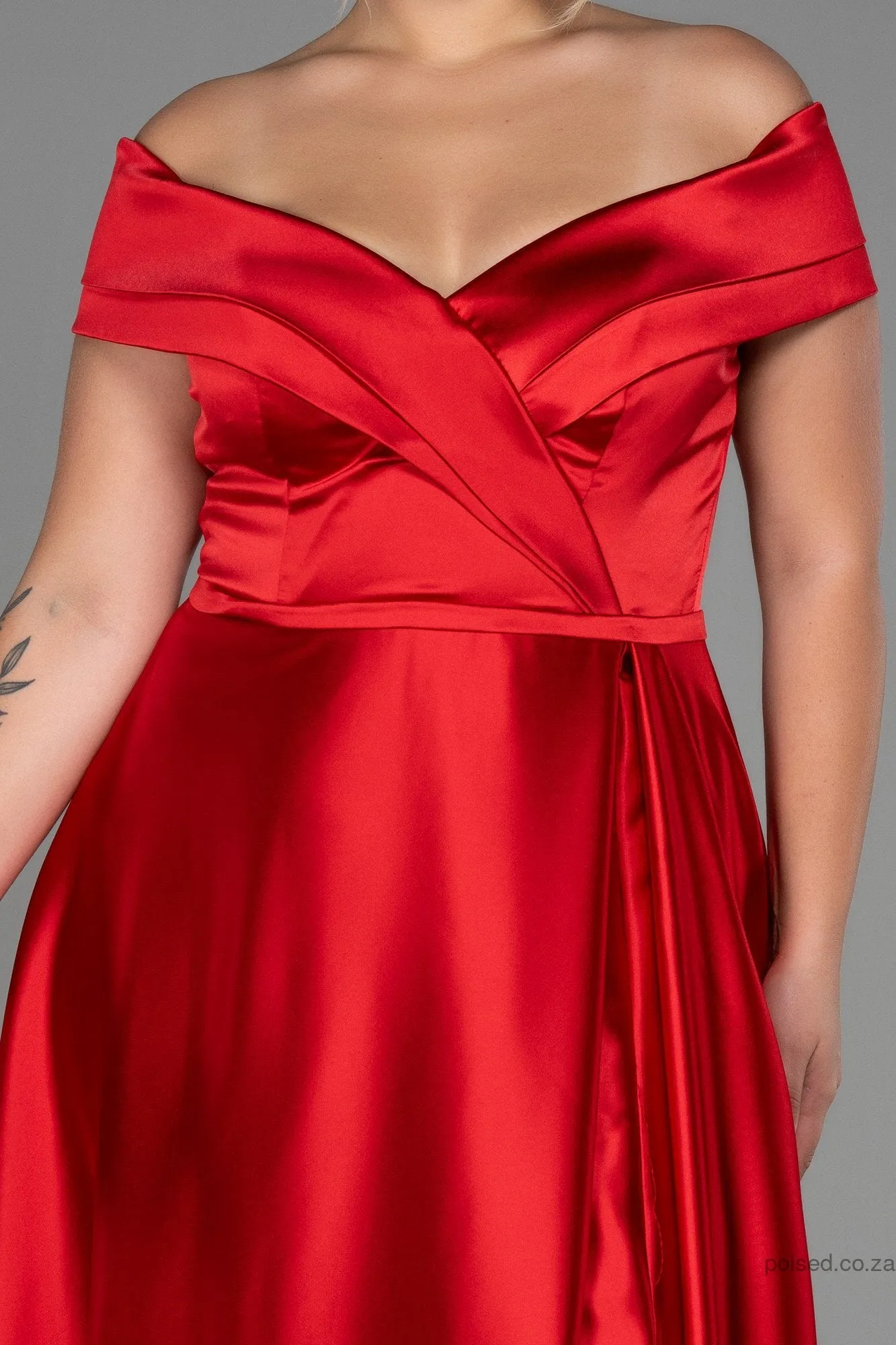 30257 Red Off-Shoulder Slit Satin Dress