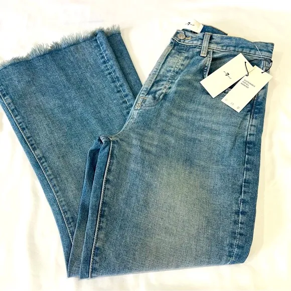 7 For All Mankind Easy Boy Bootcut Jean Sz 25 Raw‎ Hem High Rise Blue Ankle 26”