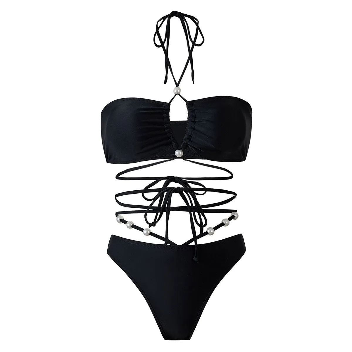 84Volt  Halter Neck Tie Chiffon Swimsuit Set - Black / S