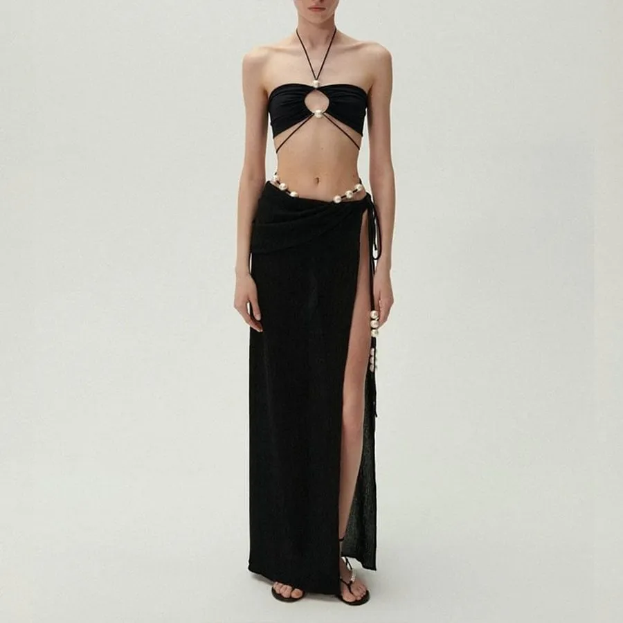 84Volt  Halter Neck Tie Chiffon Swimsuit Set - Black / S