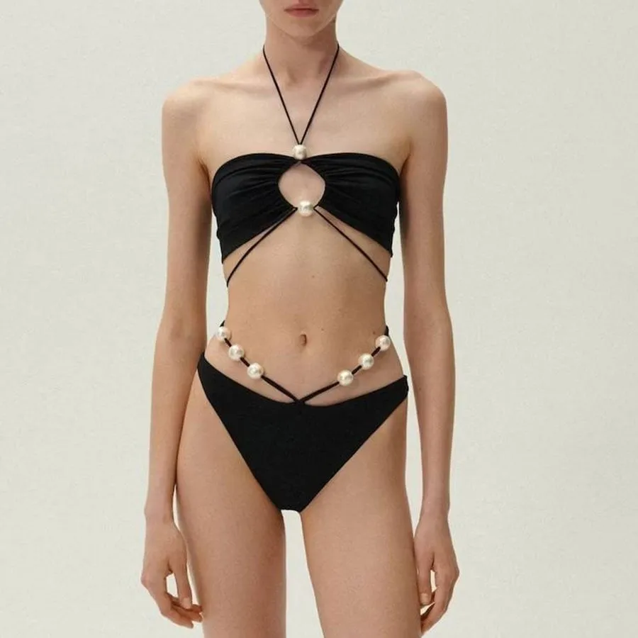 84Volt  Halter Neck Tie Chiffon Swimsuit Set - Black / S