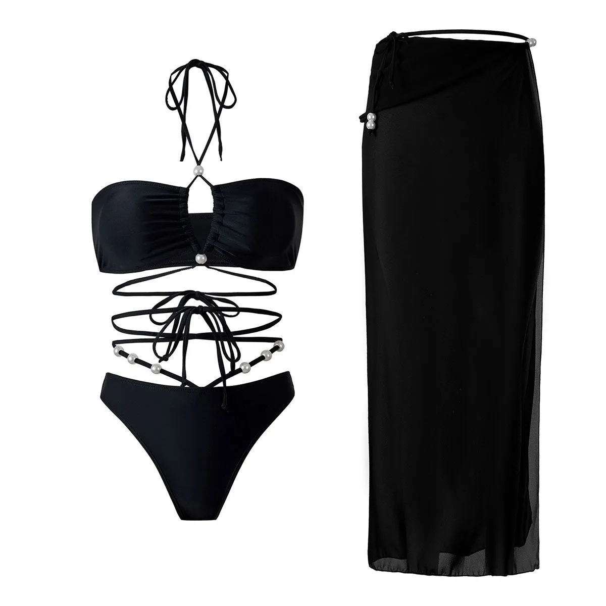 84Volt  Halter Neck Tie Chiffon Swimsuit Set - Black / S