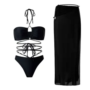 84Volt  Halter Neck Tie Chiffon Swimsuit Set - Black / S