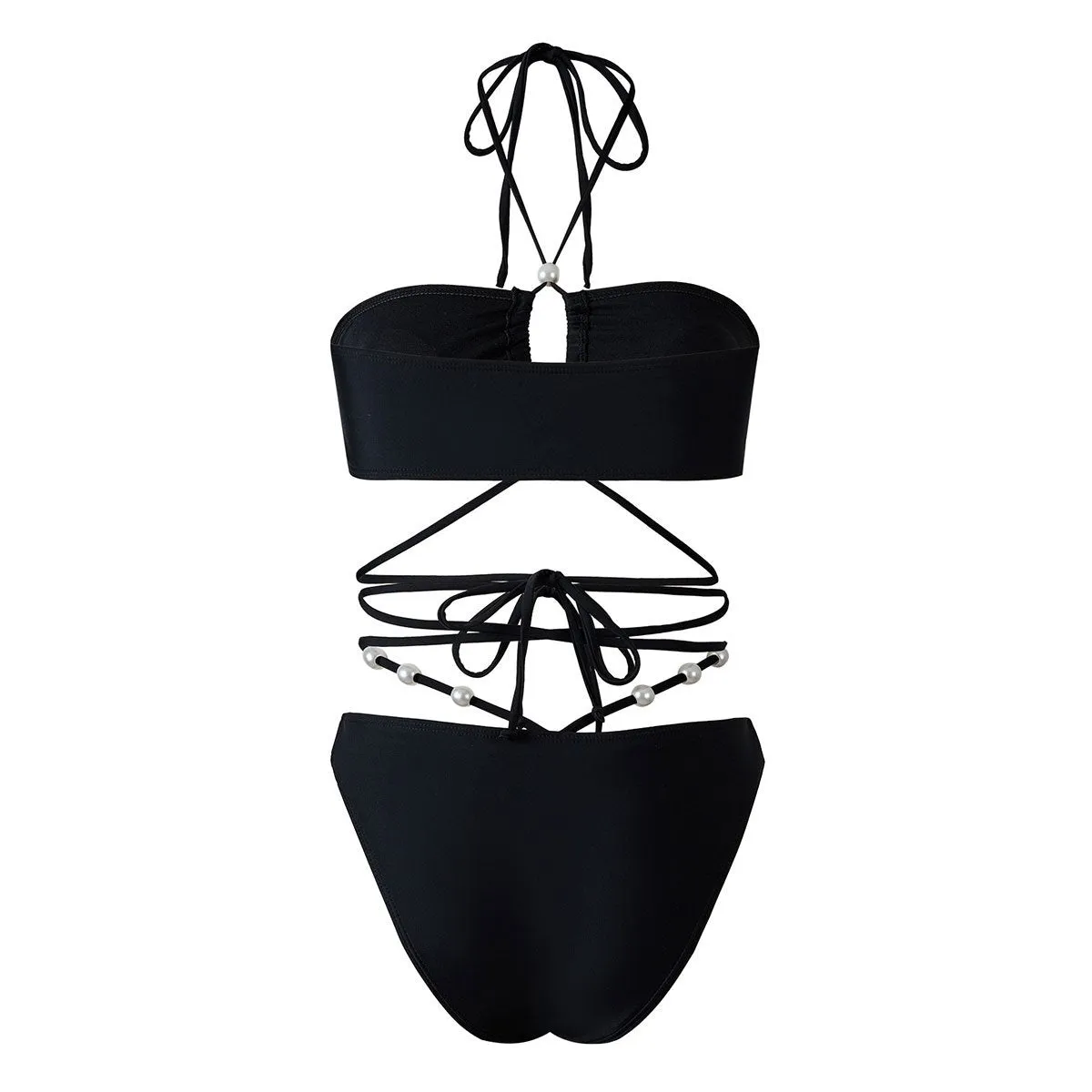 84Volt  Halter Neck Tie Chiffon Swimsuit Set - Black / S