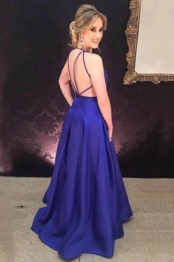A-Line Deep V-Neck  Royal Blue Satin Pleats Prom Dress Evening Dress PG472