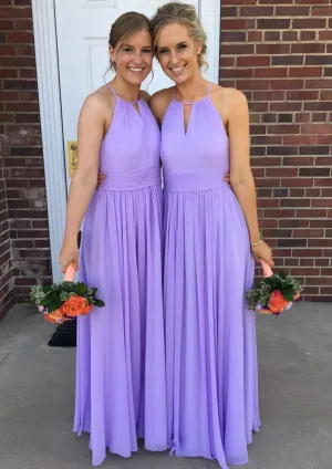 A-line Halter Neck Cutout Sleeveless Long Pleated Lilac Chiffon Bridesmaid Dress