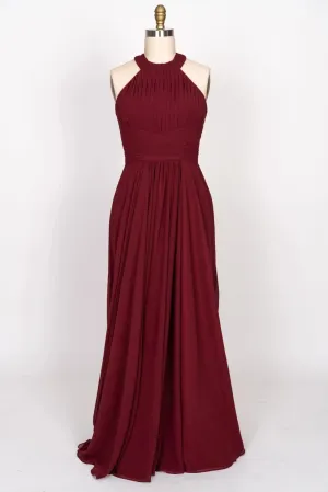 A-line High Halter Keyhole Burgundy Chiffon Long Bridesmaid dress